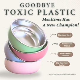 Monkey Proof™ Non-Toxic Stainless Steel Child Bowl 5” with Non-Slip Silicone Shell, (Set of 4 bowls) Unbreakable, Mess Free Feeding for Babies, Toddlers, Kids, BPA free (Misty Blue)