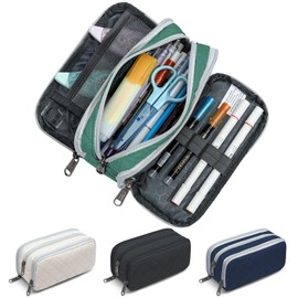 Della Gao Large Pencil Case, Big Capacity Pencil Pouch with 3 Compartments, Office Pencil Bag with Zipper, Big Pen Case for Adults (DarkGreen-03RH)