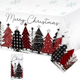 WovWeave 1 Pack Buffalo Plaid Christmas Tree Tablecloth Merry Christmas Snowflakes Plastic Table Cover Disposable Xmas Table Cloth for Picnic, Camping, Holiday Table Decor, 54 x 108inch