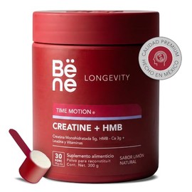 Creatina  HMB Suplemento Alimenticio 300g - Creatina Monohidratada 5g, HMB-Calcio 3g con Vitaminas - Polvo Sabor Limn Lnea Longevity TIME MOTION - 30 