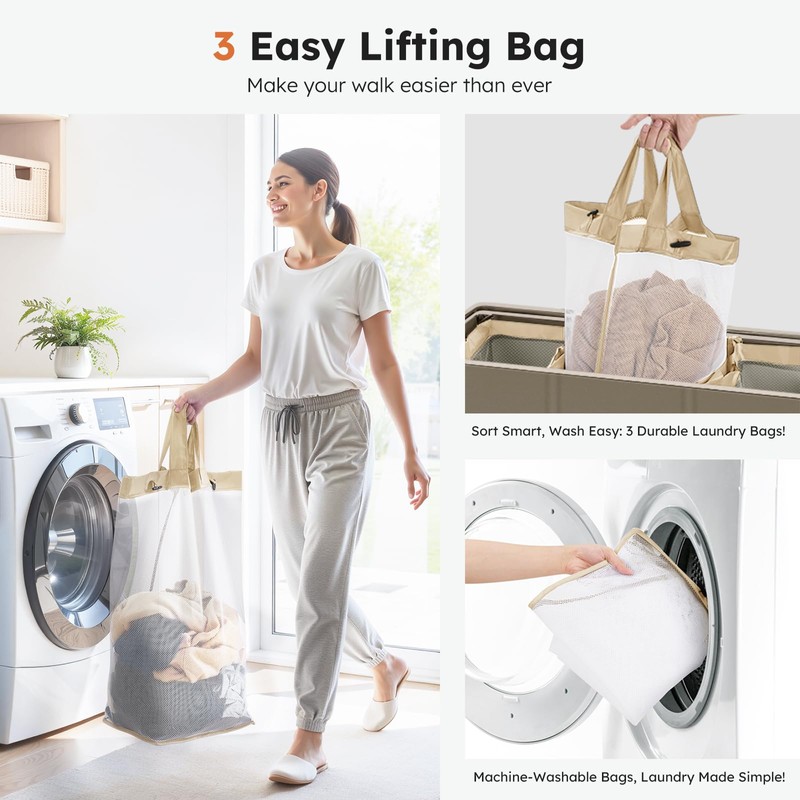 SOLEDI 180L 3-Section Laundry Hamper with Lid, Extra Large Dirty