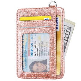 Slim Front Pocket Wallet RFID ID Card Holder Cute Small Wallet with Keychian for Women, Glitter Rose Gold, Slim