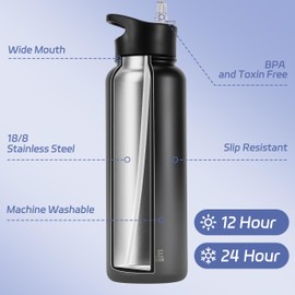 HASLE OUTFITTERS 40oz Stainless Steel Water Bottle, Vacuum Insulated Double Walled Leak Proof Sports Water Bottle with 2 Lids (Straw and Spout Lid) Thermo Mug Keep Cold and Hot(Black Gray Gradient,1)