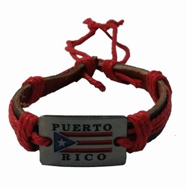 Leather Bracelet Red Puerto Rico Flag Metal Plaque