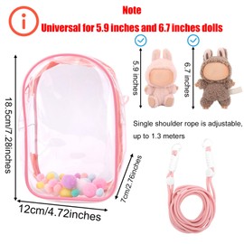Clear Figure Display Case, Protective Case for Plush Doll Storage Bag Holder Portable Crossbody PVC Hanging Doll Cover Pouch with Keychain for 15cm/17cm Dolls Accessories (Pink)