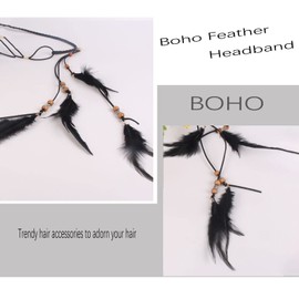 TseenYi Boho Feather Headdress Gypsy Feather Headband Hair band Beaded Feather Tassel Headpiece Black Feather Headwear Jewelry for Women and Girls Stage Performance