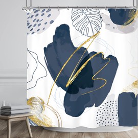 Riyidecor Boho Abstract Mid Century Shower Curtain 72Wx72H Inch Modern Minimalist Navy Blue Bohemian Watercolor Geometric Chic Leaf Simple Bathroom Decor Fabric Polyester Waterproof 12 Pack Hooks
