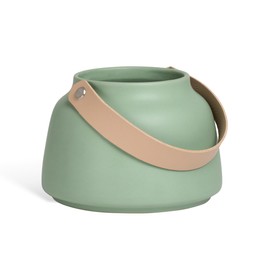 Torre & Tagus Lido Sage Green Cylinder Vase with Handle in Faux Leather - 3.5" Tall Flower Vase for Centerpiece, Ceramic Round Vase for Home Decor or Wedding Table Decor (Sage Green Vase 5" Dx3.5 H)