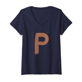 Womens Creative Bold Leather Letter P - Design - Alphabet - Marker V-Neck T-Shirt