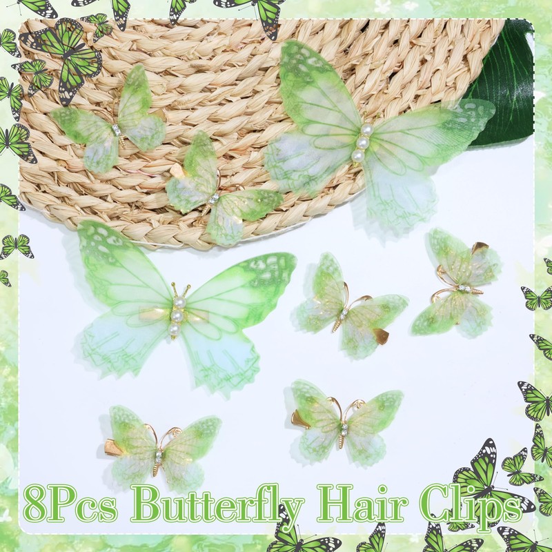 8Pcs Green Butterfly Hair Clips Fairy Halloween Hair Accessories