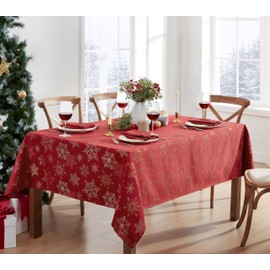 Newbridge Fancy Metallic Snowflake Christmas No-Iron Soil Resistant Fabric Holiday Tablecloth, Sparkling Snowflakes Lurex Woven Easy Care Tablecloth, 60 Inch x 144 Inch Oblong/Rectangle, Red/Gold