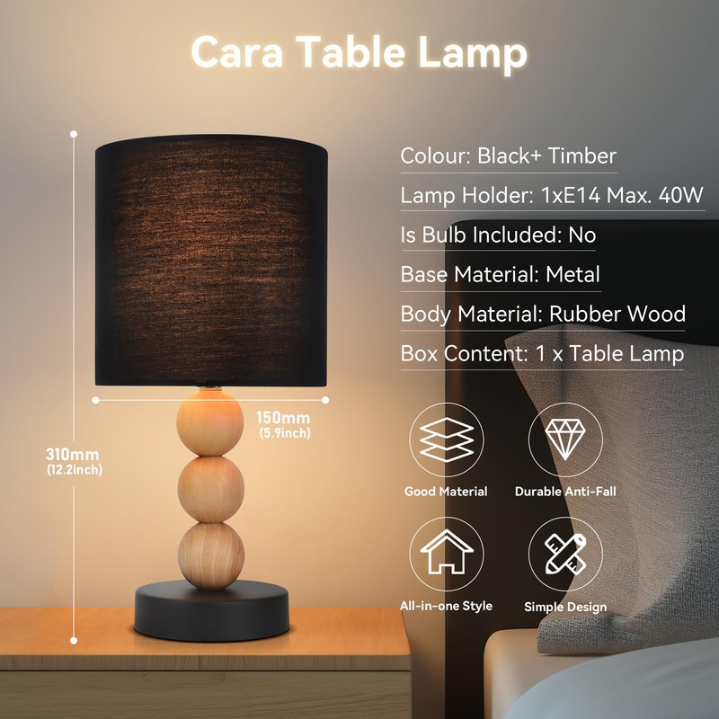 Lexi Lighting Cara Table Lamp, Black/Timber, E14 Lamp Holder, Cozy