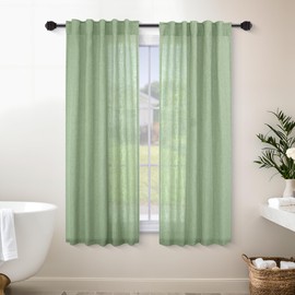 Mrs.Naturall Sage Green Short Curtains for Bathroom Windows 45 Inch Length,Sheer Linen Boho Cafe Small Curtains 45 Inches Long for Kitchen Bedroom Window 2 Panels Set,Light Green