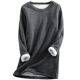 Yeokou Women Warm Sherpa Lined Fleece Crewneck Sport Sweatshirt Pullover Loungewear（Grey-XL）