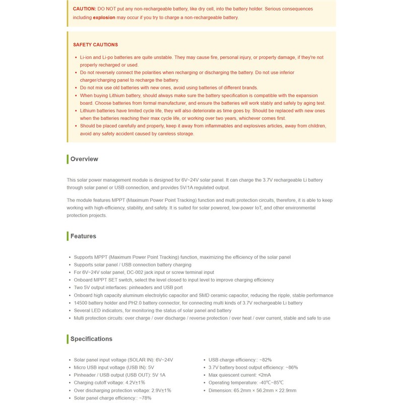 Waveshare Solar Power Management Module for 6V~24V Solar Panel Multi