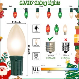 25ft Red White and Green Outdoor Christmas Lights,C9 Clear Incandescent Christmas Lights With 26 Multicolor Bulbs,Waterproof Christmas String Lights Plug In for Roofline Christmas Tree Garden Decor