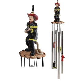 Ebros Gift Black Gear Outfit Fireman in Line of Duty with Fire Hose Attached to Hydrant Resonant Relaxing Wind Chime Patio Garden Accent of Fire Fighters Hydrants 911 Emergency Civil Service