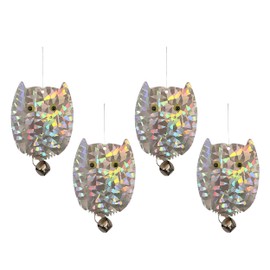 PESTEZE 4 Pack Holographic Shiny Owl Bird Repellents with Bell [3.5 x 5 inch] Reflection Scares Pest Birds Like Woodpeckers, Sparrows, Pigeons, Crows & Gulls Without Harming Them to Protect Property