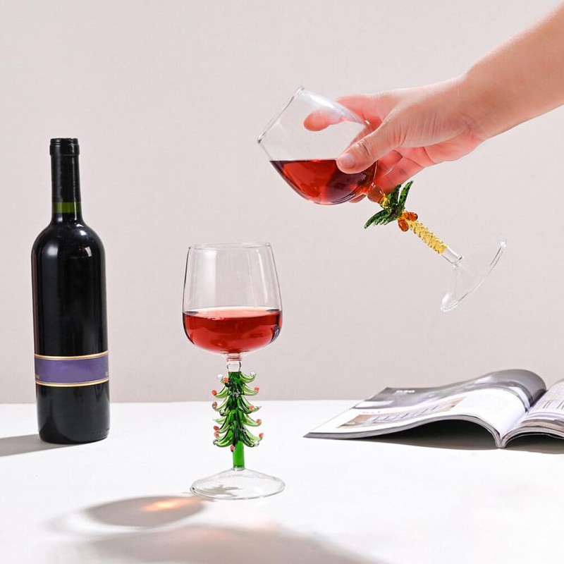 Christmas Tree Stemmed Wine Glasses 360ml Holiday Drinking Goblets Cups