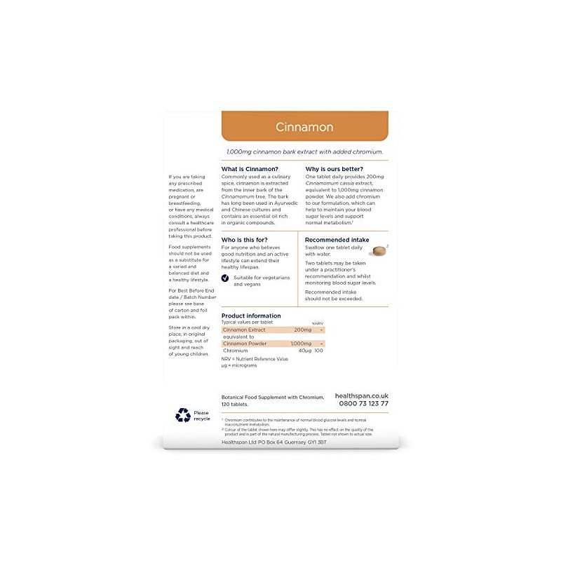 Healthspan Cinnamon 1,000mg | 120 Tablets | Added Chromium |