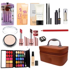 volo All In One Makeup Kit(2 Lipstick,Eye Shadow,Foundation, Pen Eyeliner,Compact,Primer,Kajal, LipLiner, Mascara, Sharpener5Pcs. Brush Set,Concealer With Makeup Box) Set of 18 Pc (Maroon) (Brown)