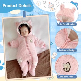 Fairy Baby Newborn Baby Fleece Hooded Romper Winter Outwear Baby Bear Jumpsuit Snowsuit Boys Girls Pink 9-12M