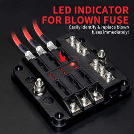 OPL5 6 Way Fuse Panel Box Blade Holder w/Negative 12V 6 Circuit Fuse Block Box LED Light Indication & Protection Cover, Stick Label for RV Van Vehicle Car Boat Marine Auto SUV (6-Way CA)