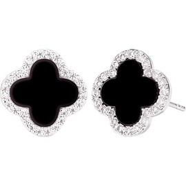 Forever Love Clover Earrings Silver 925 Earrings Women's Stud Earrings Rose Gold Stud Earrings Women's Black Four Leaf Clover Jewellery with Mini Zircon Dupes Jewellery Gift for Women, Silver