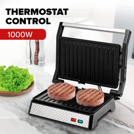 OVENTE Electric Indoor Panini Press Grill and Sandwich Maker with Non-Stick Coated Plates, Cool-Touch Handle and Removable Drip Tray, Opens 180 Degrees to Fit Any Type or Size of Food, Silver GP0540BR