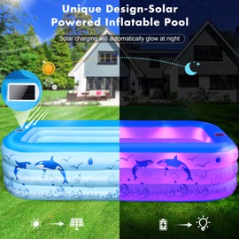 2025 Upgrade Inflatable Pools with Lights, Family Inflatable Swimming Pools for Kids,Adults, Blow Up Pool Solar Powered, Large Kiddie Pool, Durable Thickened Inflatable Family Pool for Backyard-Blue