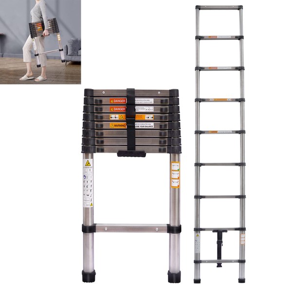 Telescoping Ladder, Heavy Duty Stainless Steel 8.5FT Attic Telescopic Ladder,