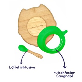 Kleiner Fuchs High-quality bamboo plate with suction cup, non-slip suction cup with matching baby spoon makes meals fun, bamboo tableware set with gift box - learning to eat with owl design