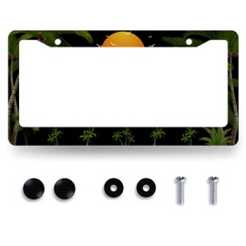 Palm Trees Sunset License Plate Frame Tropical Plants License Plate Holder Stainless Steel Front and Rear Car Tags Auto Parts Colorful License Plate Men Women Decoration with Screws 12.2" x6.2"