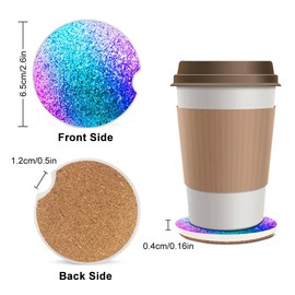 Ceramic Cup Holders Car Coasters for Women/Men,Cool Absorbent Drink Cup Car Holder Coasters with A Finger Notch 2.56" Pack of 2,Colorful Glitter Print