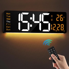 LEIKE 16" Large Digital Wall Clock Timer,Remote Control,2 Alarms, LED Display,Auto DST,Temperature Modern Night Light Clock for Living Room,Bedroom,Desk,Mounted Decor(Black,White Orange LED)