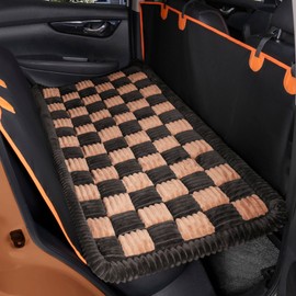 Dog Car Seat Cover Mat for Backseat Extender, Padded Plaid Non-slip Dog Bed for Vehicles, Soft Furry Pet Travel Blanket, Washable & Custom Fit for Back Seat Extenders in Cars & SUVs (54"×25" Brown)