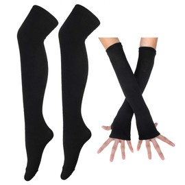 2 Pairs Set Striped Long Knitted Gloves Knee Socks Leggings Party Costume Accessory, black, Einheitsgröße