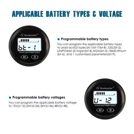 Runleader 12V/24V 36V 48V Battery Percentage Indicator,Hours & Voltage Gauge,Applicable to Battery Lead Acid Gel LiFePO4 Trojan AGM 18650,Backlight Display for Lawn Mower Golf Cart Forklift Motorhome