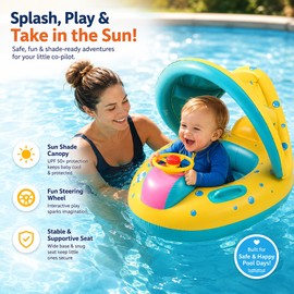 Inflatable Airplane Pool Float with Canopy for Kids – PVC Seat Ring with Steering Wheel and Handles for Supervised Water Play