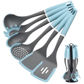Kitchen Cooking Utensils Set, Non-Stick Spatula Set with Rotating Stand, 6 PCS Silicone Utensils Set for Cooking, 400°F Heat Resistant, Kitchen Gadgets with Nylon Handle & Stable Holder, Grey Blue