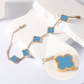 GRBeid 18K Gold Plated Clover Lucky Bracelet for Women Flower Four Leaf Link Bracelets Dupes Trendy Jewelry Birthday Gifts for Women/Mom/Wife/Daughter/Girlfriend/Besties/Sister/Grandma/Nana (Blue)