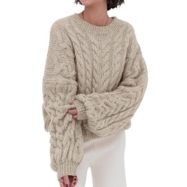 BTFBM Sweaters for Women Fall Cable Knit Sweater Oversized Crew Neck Long Sleeve Chunky Casual Pullover Tops Winter 2025(Khaki, Small)