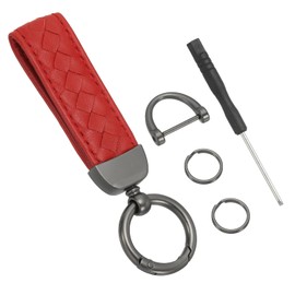 PATIKIL Leather Car Keychain, Genuine Key Chain Holder Universal Decorative 360 Degree Rotatable Key Fob with Black Anti-Lost D-Ring and Screwdriver for Men and Women, Red