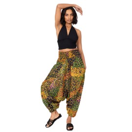 likemary Harem Pants for Women - Genie Pants - 2 in 1 Convertible Harem Jumpsuit - Hippie Pants - Boho Pants - Peacock Print - Navy Blue & Yellow Reg