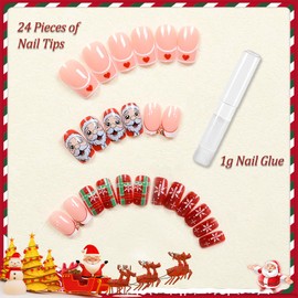 Christmas Nails - 24PCS Stick on Nails French Tip - Coffin False Nails with Glue - Nude Red Press on Nails Medium - Full Cover Fake Nails Strong - Santa Claus Snowflake Nail Tips