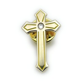 PINVANA Religious Cross Lapel Pin - Gold Enamel with rhinestone
