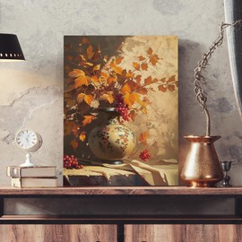 Voxitura Vintage Fall Floral Wall Art Canvas, Farmhouse Orange Maple Wall Decor for Thanksgiving Kitchen, Rustic Autumn Paintings Pictures Prints Framed Decorations for Bedroom Bathroom 12x15in