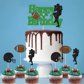 Blopee Football Cake Topper, 7 PCS Green Football Cake Toppers for Football Party Decorations, Glitter Football Cake Decorations for First Down Football Birthday Party Decorations 2025 49ERS