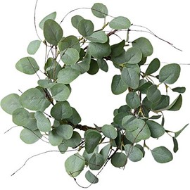 idyllic Eucalyptus Leaves Wreath Metal Polyester Fabric Paper Round Green Wreath 16 Inches for The Front Door Décor, 1 Pack