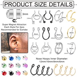 BodyAce Fake Nose Rings Hoop Magnetic Nose Ring, Faux Septum Ring Nose Stud Magnetic Earrings, Pretend Lip Stud Fake Belly Ring for Women (C:12pcs Magnetic Studs + 6pcs Nose Rings)